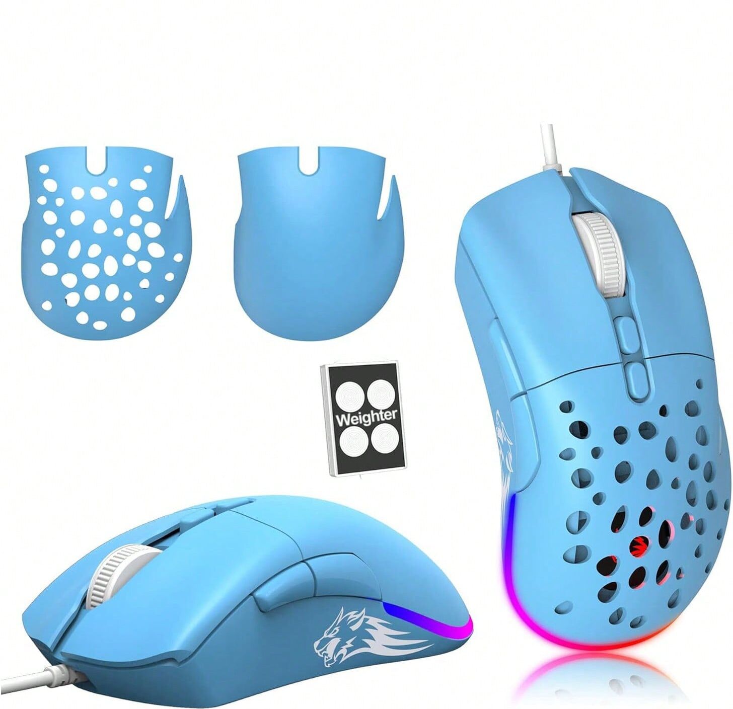 SHEIN Mini Ultralight Wired Gaming Mouse RGB LED Backlit Gaming Mice With Weight Tuning Interchangeable Backward Plates,12,000 DPI Optical Sensor 7 Programmable Buttons Ergonomic For Windows PC Gamers Blue one-size