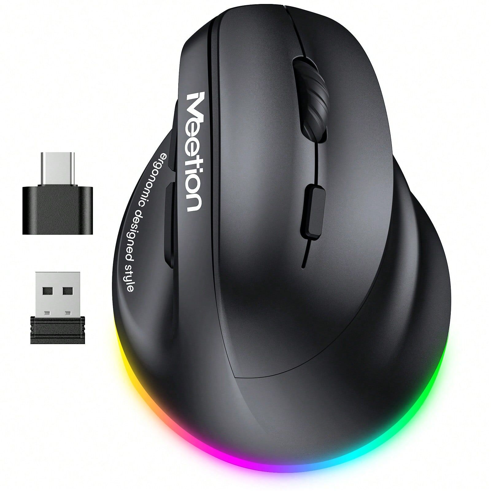 SHEIN MEETION Wireless Mouse,Quiet Click Vertical Ergonomic Mouse, RGB Rechargeable Optical Mice With Type-C Adapter,Cute Design For Girls, Suitable For Office And Notebook For /Windows/Andriod/PC/Tablet/IPad Black one-size