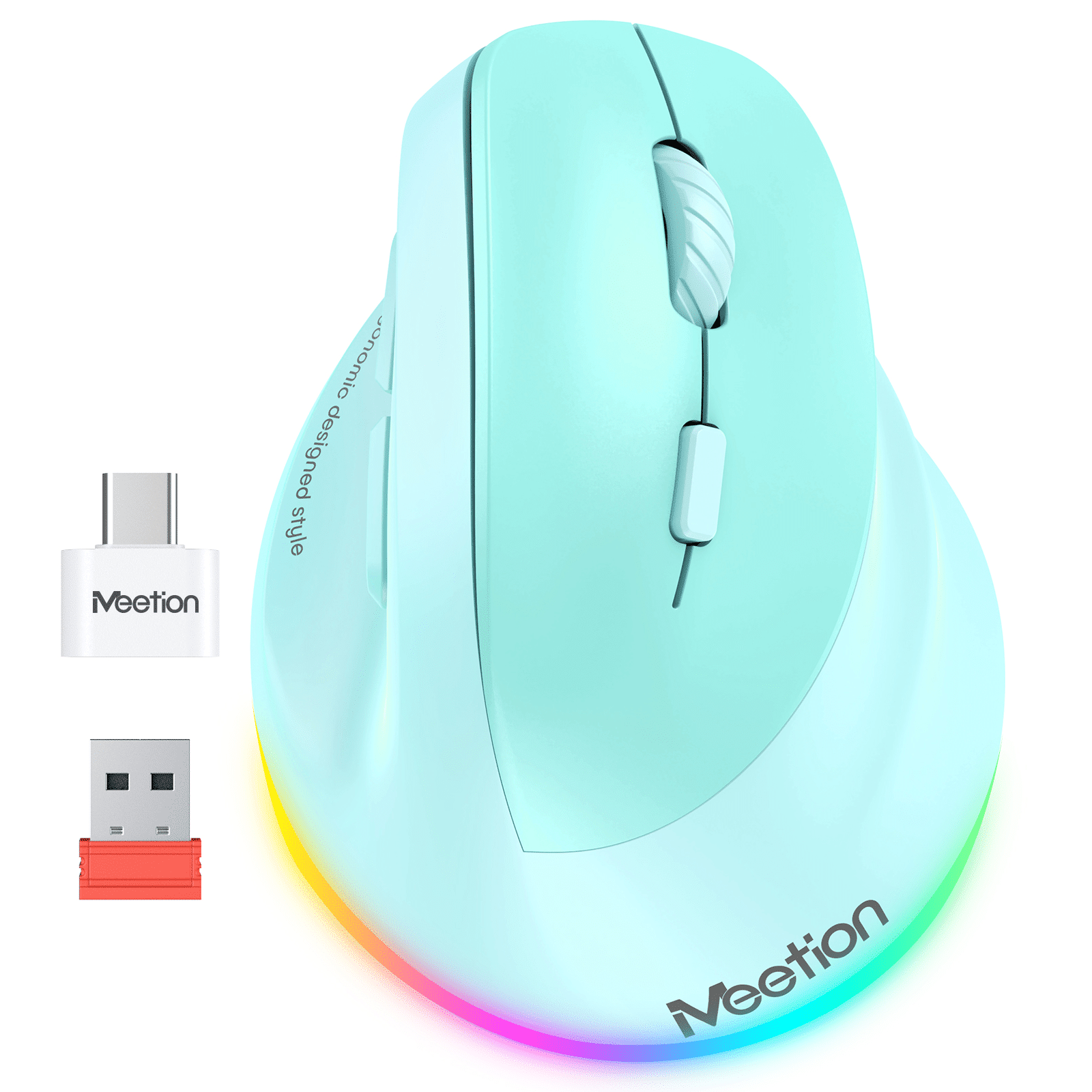 SHEIN MEETION Wireless Mouse,Quiet Click Vertical Ergonomic Mouse, RGB Rechargeable Optical Mice With Type-C Adapter,Cute Design For Girls, Suitable For Office And Notebook For /Windows/Andriod/PC/Tablet/IPad Green one-size