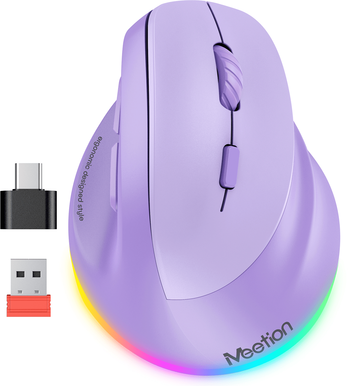 SHEIN MEETION Wireless Mouse,Quiet Click Vertical Ergonomic Mouse, RGB Rechargeable Optical Mice With Type-C Adapter,Cute Design For Girls, Suitable For Office And Notebook For /Windows/Andriod/PC/Tablet/IPad Purple one-size