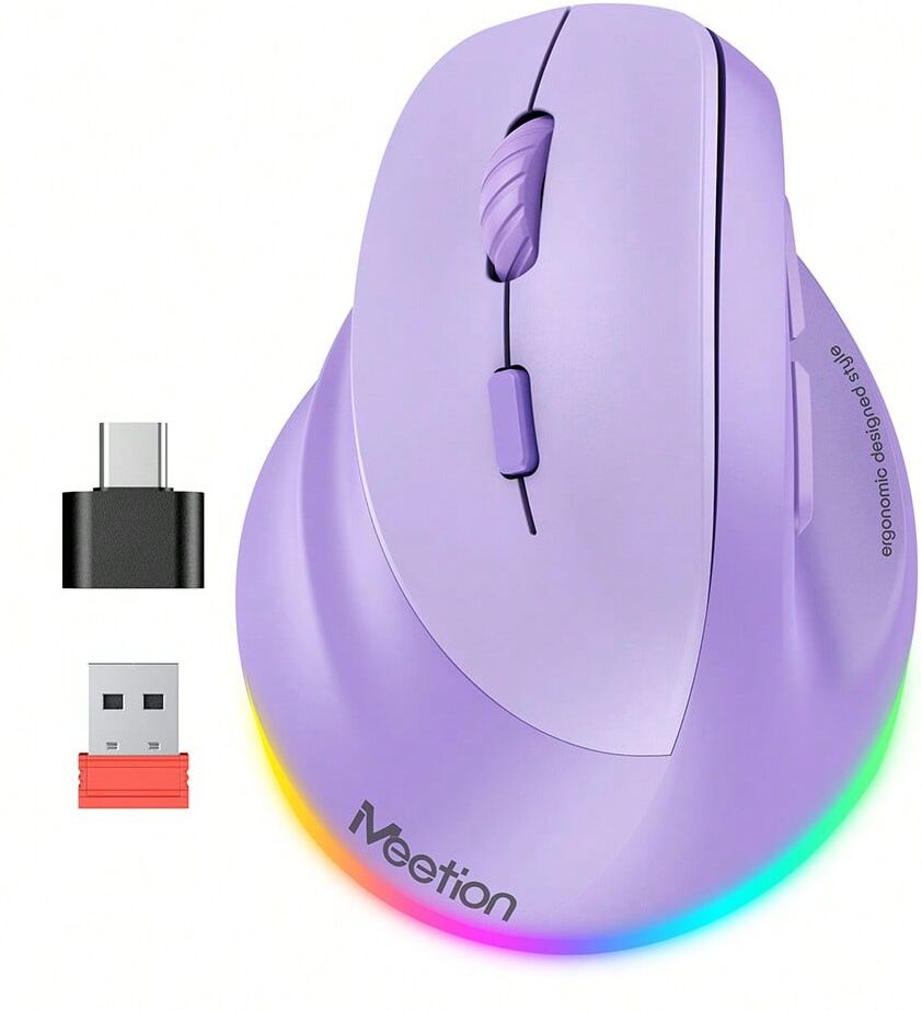 SHEIN MEETION Left-Handed Wireless Mouse,Quiet Click Vertical Ergonomic Mouse, RGB Rechargeable Optical Mice With Type-C Adapter,Cute Design For Girls, Suitable For Office And Notebook For /Windows/Andriod/PC/Tablet/IPad Purple one-size