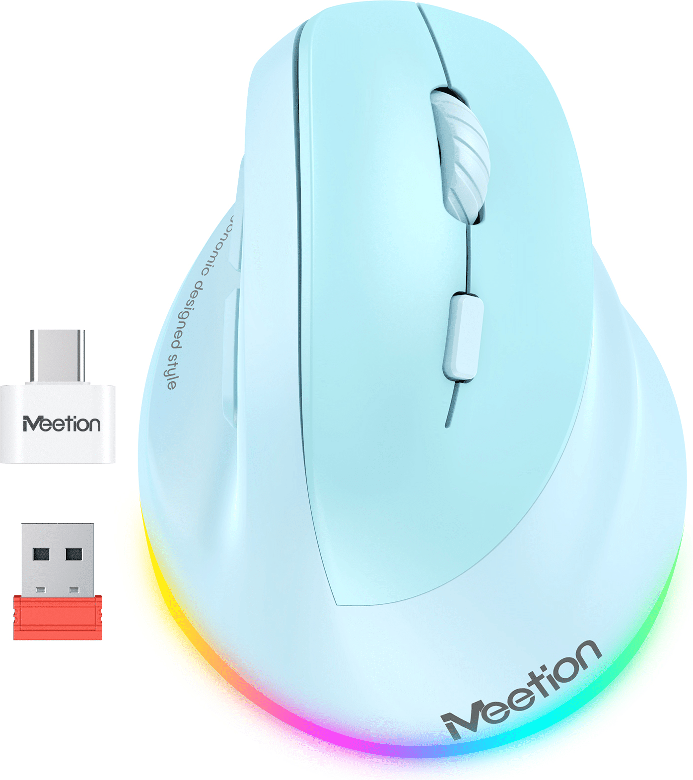 SHEIN MEETION Wireless Mouse,Quiet Click Vertical Ergonomic Mouse, RGB Rechargeable Optical Mice With Type-C Adapter,Cute Design For Girls, Suitable For Office And Notebook For /Windows/Andriod/PC/Tablet/IPad Blue one-size