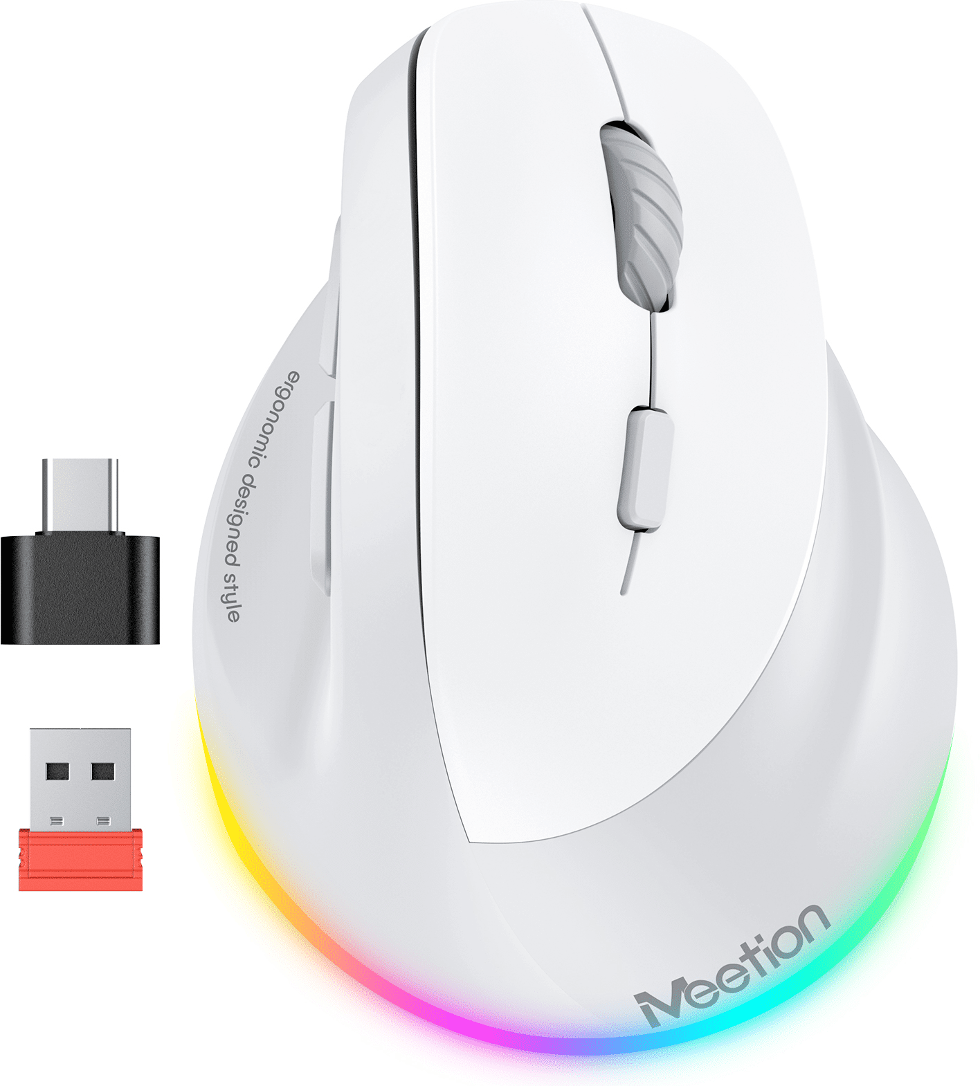 SHEIN MEETION Wireless Mouse,Quiet Click Vertical Ergonomic Mouse, RGB Rechargeable Optical Mice With Type-C Adapter,Cute Design For Girls, Suitable For Office And Notebook For /Windows/Andriod/PC/Tablet/IPad White one-size