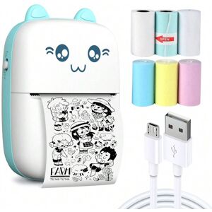 SHEIN Portable Mini Wireless Thermal Photo Printer Pocket Cute Sticker Printers Paper Roll For Android IOS DIY Home Use Notes Printer Blue Printer+6 Rolls