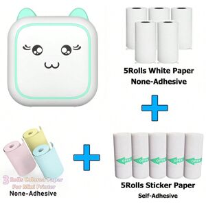 SHEIN Portable Thermal Printer MINI Cute Print Photo Pocket Thermal Label Printer 57mm Printing With 13Rolls Thermal Papers Wireless Android IOS Printers Army Green