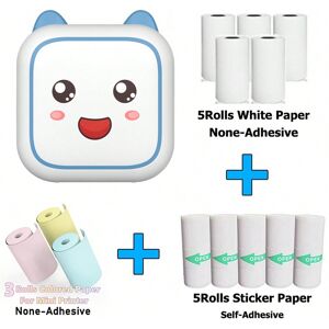 SHEIN Portable Thermal Printer MINI Cute Print Photo Pocket Thermal Label Printer 57mm Printing With 13Rolls Thermal Papers Wireless Android IOS Printers Blue