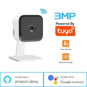 SHEIN Mini Security Camera, 3MP HD Surveillance Camera, HD Night Vision, 2-Way Audio, Compatible With Tuya, Amazon Alexa and Google Assistant- Ideal for Home Security, Baby, Pet Monitoring White