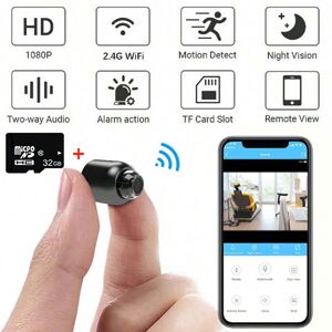 SHEIN Mini Wifi Camera 1080P HD Indoor Security Surveillance Camera Night Vision Camcorder IP Cam Audio Video Recorder Black Black-1080p+32GB TFcard