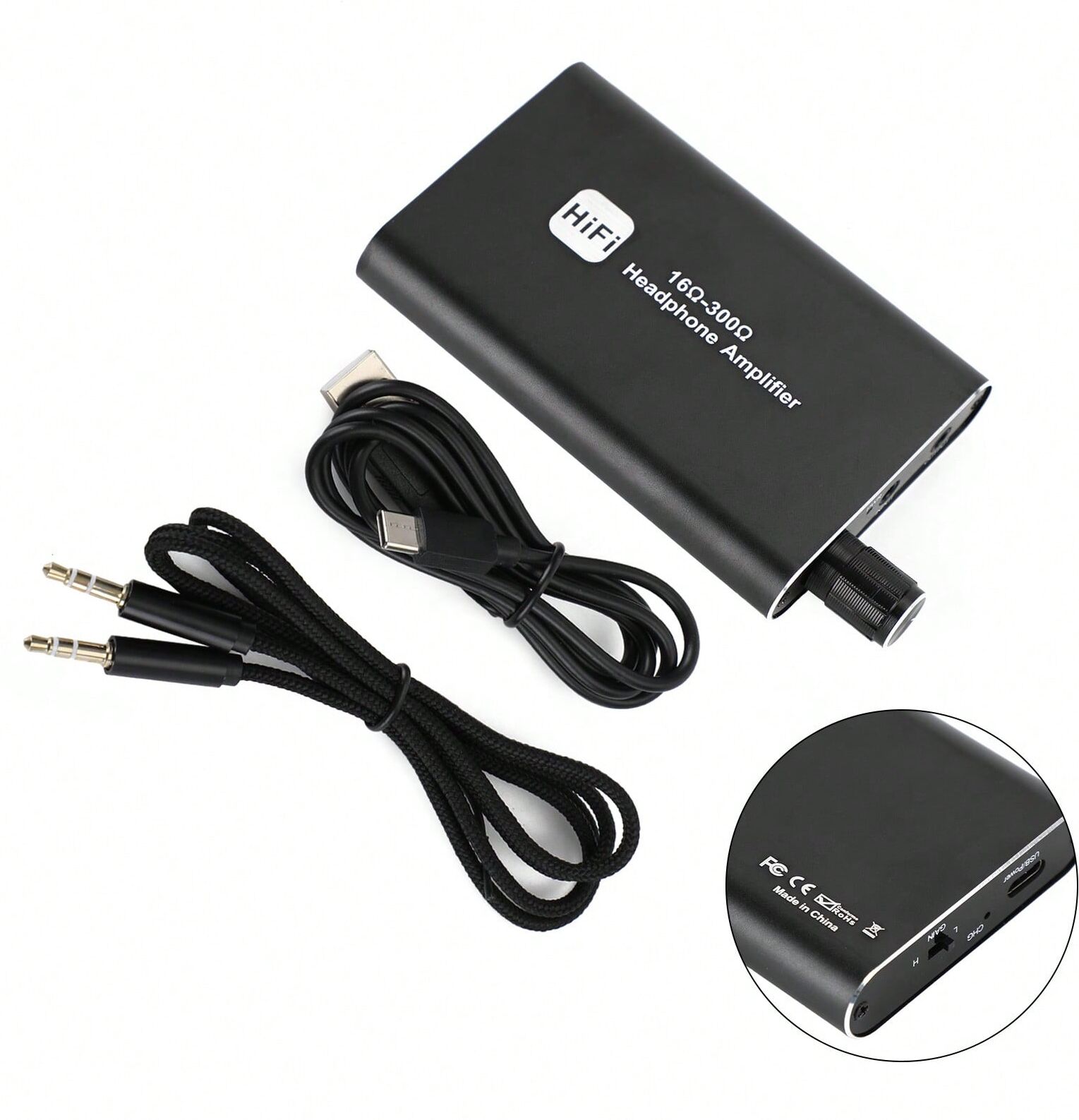 SHEIN 16Ω-300Ω HIFI Headphone Amplifier Portable Earphone AMP 3.5mm Audio W/ USB Cable Black