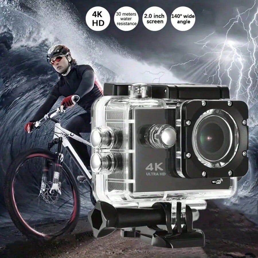 SHEIN Sports Camera, 4k 30fps Wifi Diving Sports Camcorder With Hd Waterproof Outdoor Underwater Camera, 140 Degree Wide Angle Lens, Ultra Hd Motion Cam 30m Water Resistant Dv Black 2.36*1.6*0.98 inches