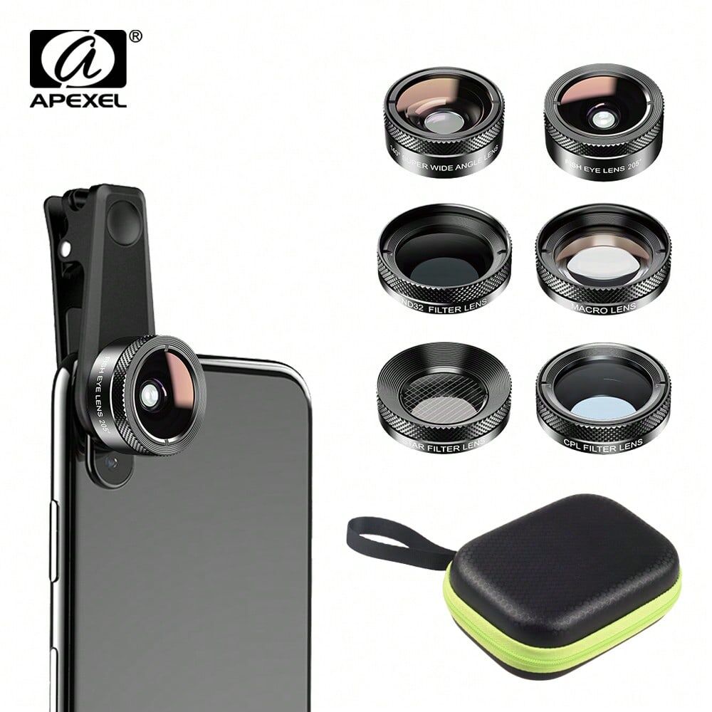 SHEIN APEXEL Phone Camera Lens Kit 6 In 1 Fish Eye Lens 205 Degree Wide Angle 25X Macro Lens With CPL/Star ND Filter For Smartphones Mobile Phone Accessories Black one-size