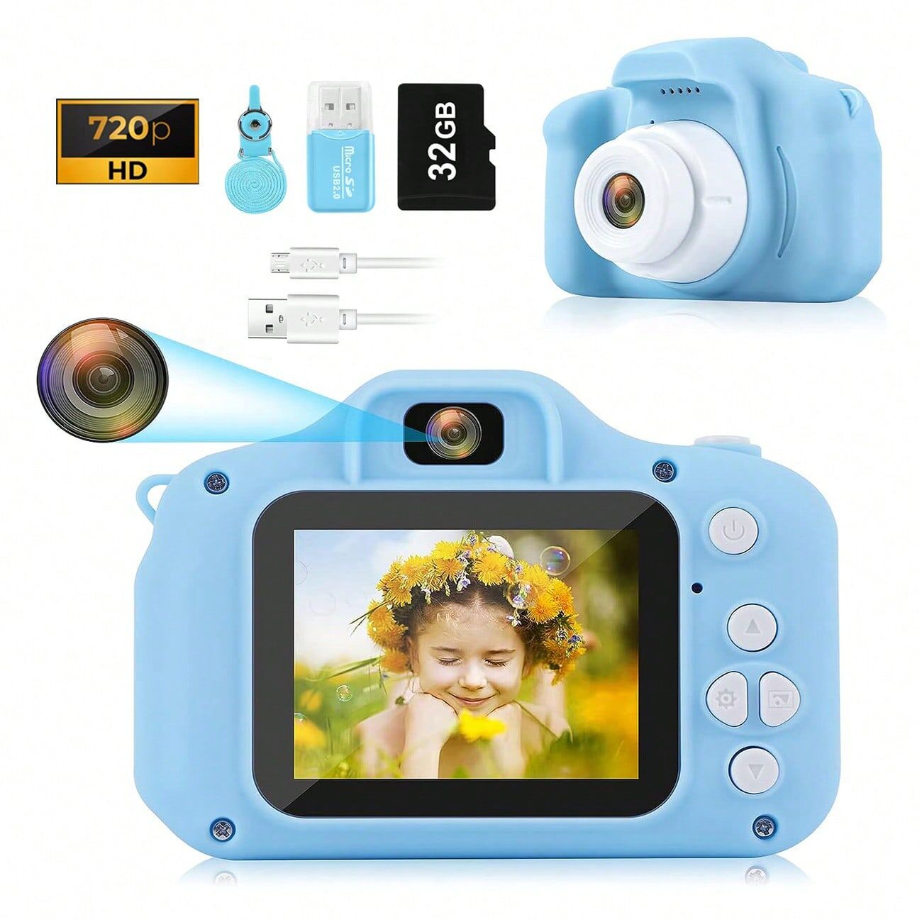 SHEIN 720P HD Blue Kids Digital Video Selfie Camera Portable Toy With 32GB SD Card For Toddler Christmas Birthday Gifts 3 4 5 6 7 8 Year Old Boys 1pc Blue one-size