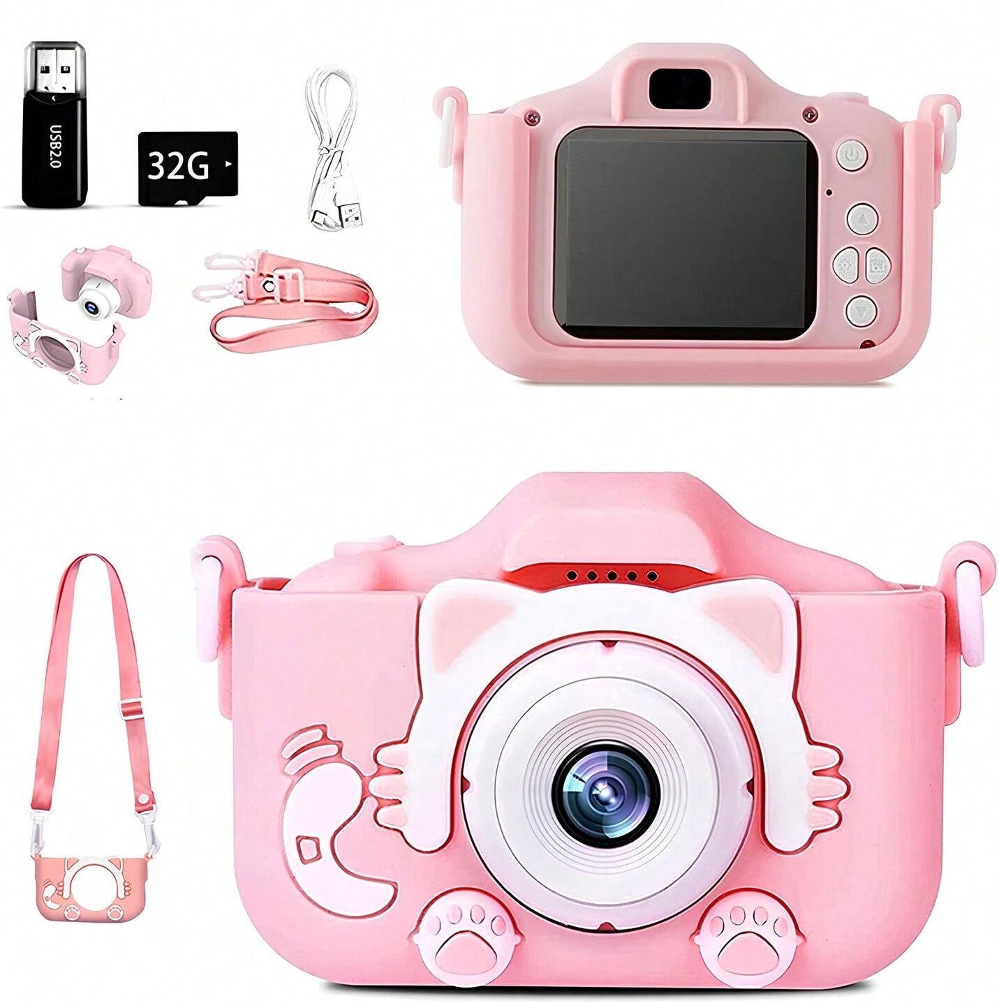 SHEIN 720P HD Pixel 2-Inch Screen Digital Camera Camcorder Camcorder Portable Camera With Protective Case 32G Memory Card Card Reader Cute Birthday New Year Valentine'S Day Gift Pink