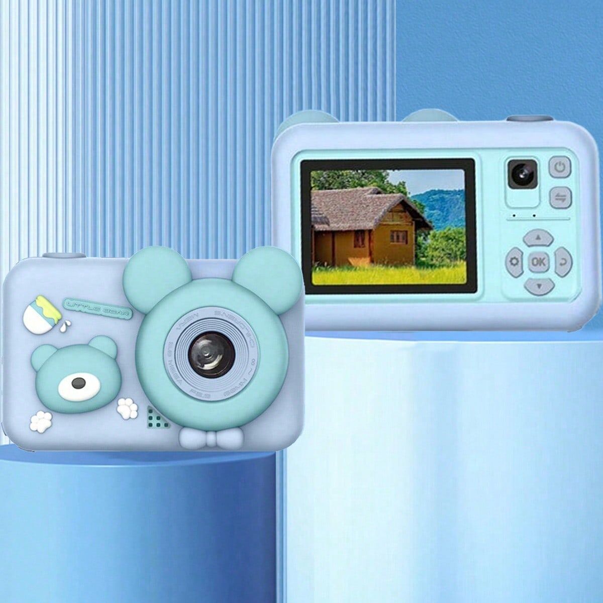 SHEIN 1pc HD Dual Photo Digital Camera Student Mini Cartoon Camera Comes With A Stand As A Gift-Blue Blue
