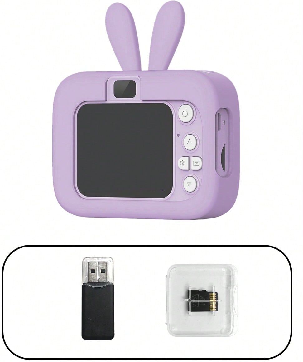 SHEIN Mini Small And Cute Cartoon Rabbit Ears Digital Camera Lithium Battery With 1 TF Card And Card Reader Purple one-size