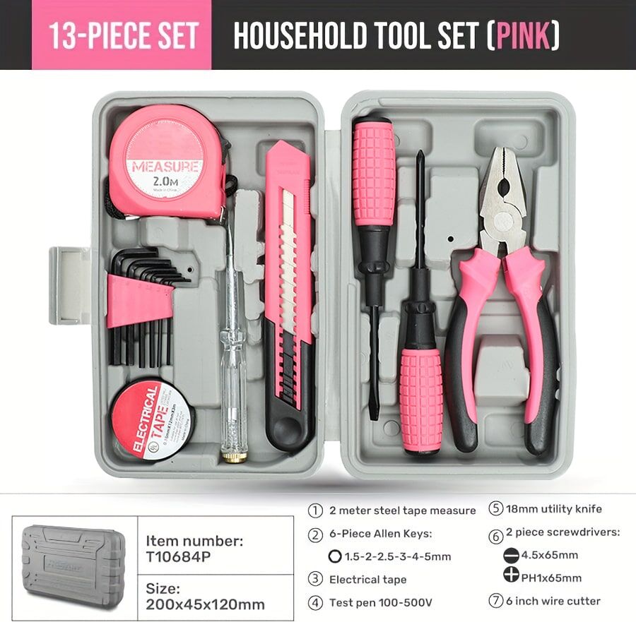 SHEIN 13 Pcs DIY Repairing Tool Kit Set Household Tool Box Set Allen Keys Screwdriver Test Pen Tape Measure Home Tool Set With Grey Box Pink Home DIY Tool Kit Set For Women Pink one-size