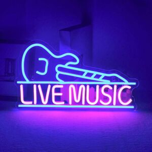 SHEIN Live Music Neon Sign, Blue & Pink Led Neon Light Alphabet Guitar Shape Bar Music Sports Stadium Nightclub Party Wall Decor Teen Gift Guitar Live Music-42 x 24cm as the picture shows