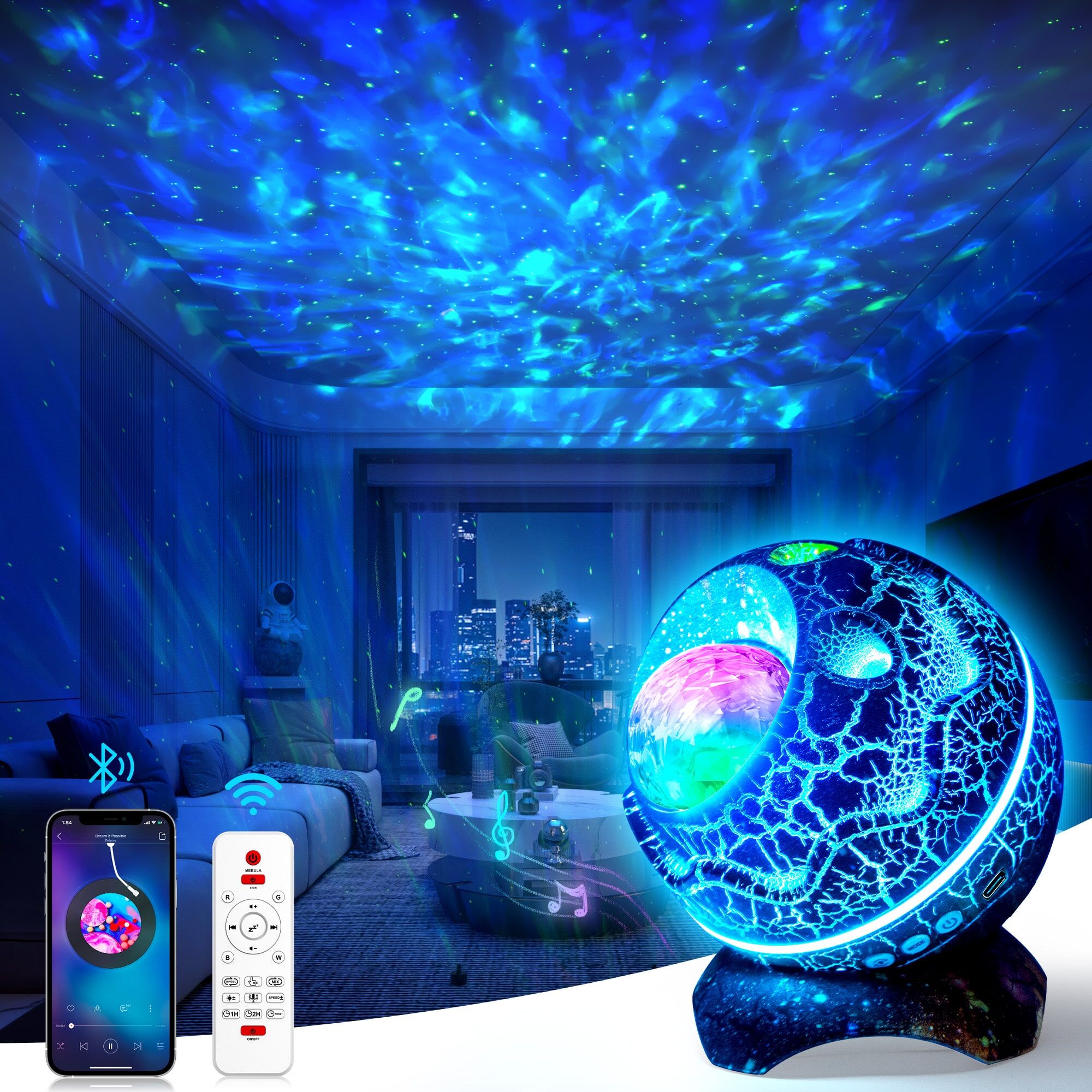 SHEIN Dinosaur Egg Galaxy Projector Light for Bedroom, 360° Rotation Night Light Projector with Remote Control White Noise Timer & Speaker, Color Changing Star Projector Light for Living Room Party gray Pink one-size