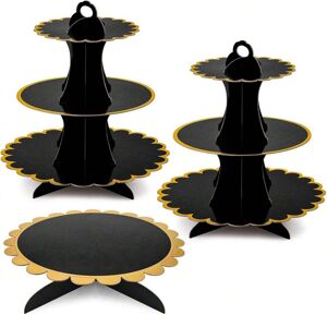 SHEIN 3-piece cardboard cupcake rack, large graduation plate cake rack suitable for weddings, baby baptisms, birthdays, black and gold table decorations, party supplies and decorations Black 3 Piece Set