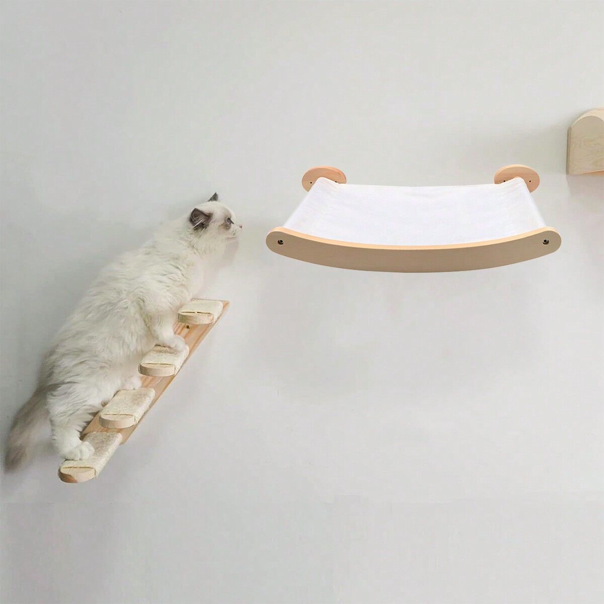 SHEIN 2pcs Cat Wall Mounted Furniture Set Including 1pc Wooden Cat Hammock Bed And 1pc Cat Climbing Ladder, Stable And Safe For Play, Climb And Rest, Easy Installation, Maximum Load Capacity 12kg (26lb) Apricot one-size