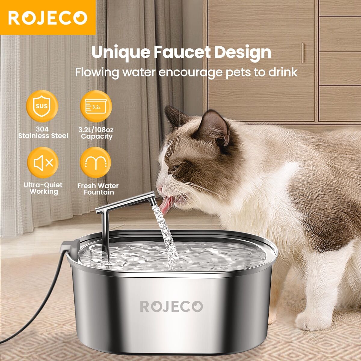 SHEIN 1pc Rojeco Stainless Steel Pet Water Fountain With 3.2l Capacity And Smart Running Track, No Adapter Included In Package Light Grey one-size