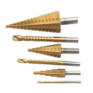 SHEIN 6pcs Step Drill Set, Woodworking Set With Center Punch, Triangular Handle Drill Bit, High Speed Steel Pagoda Drill Set,4-12 / 4-20 / 4-32mm Triangular Handle Straight Groove Step Drill, 3/6/8 Hole Saw Drill Bit Set, Professional Drilling Tool Set Go