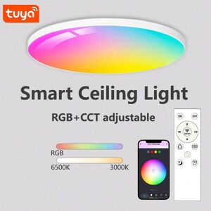 SHEIN Tuya Wireless Smart Ceiling Light Led Bedroom Living Room Light RGBCW Full Color Ceiling Light 20W Mobile Phone APP 2.4G Remote Control Dimming Dazzling Color Led Ultra-Thin Three-Proof Light Ultra-Thin Simple Recessed Ceiling Ceiling Light Smart Ho