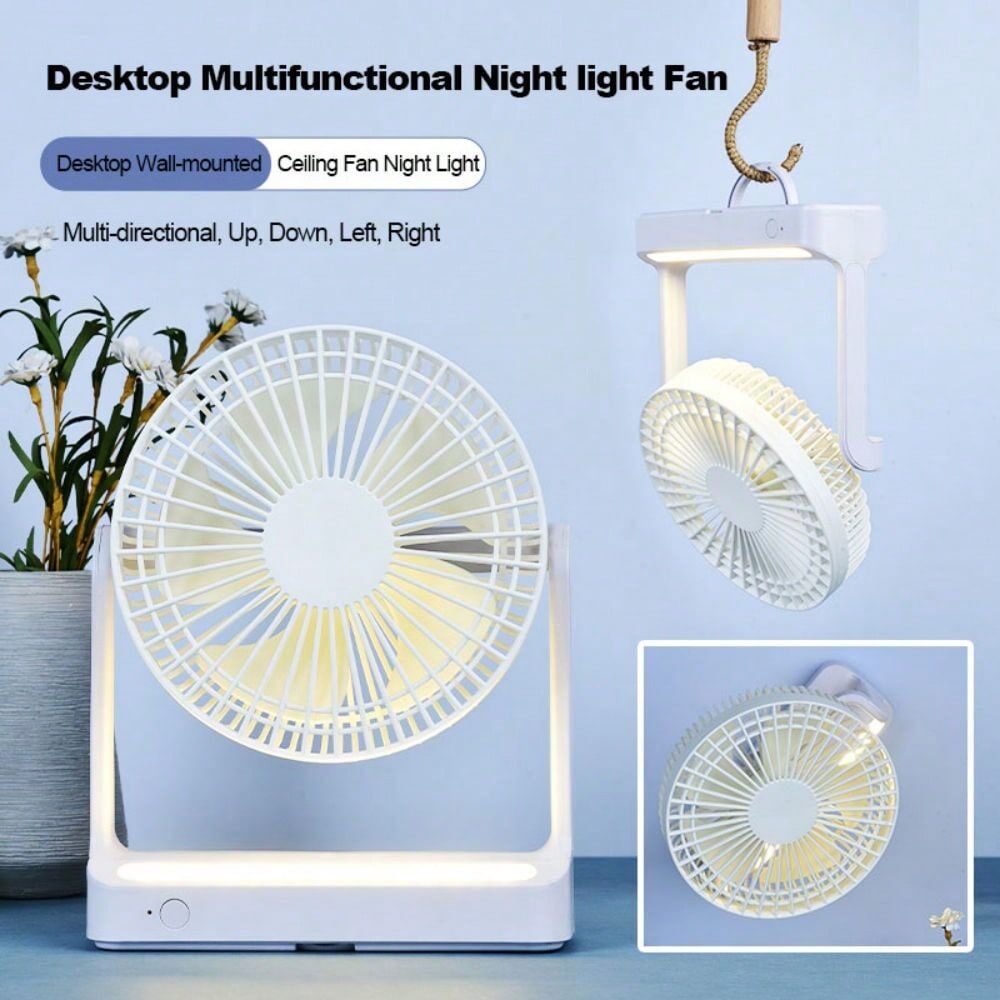 SHEIN Multifunction Home Appliance Wall Mounted Electric Air Cooling Fan LED Lamp USB Rechargeable Battery Portable Table Fan White [Three Levels Of Wind Power]
