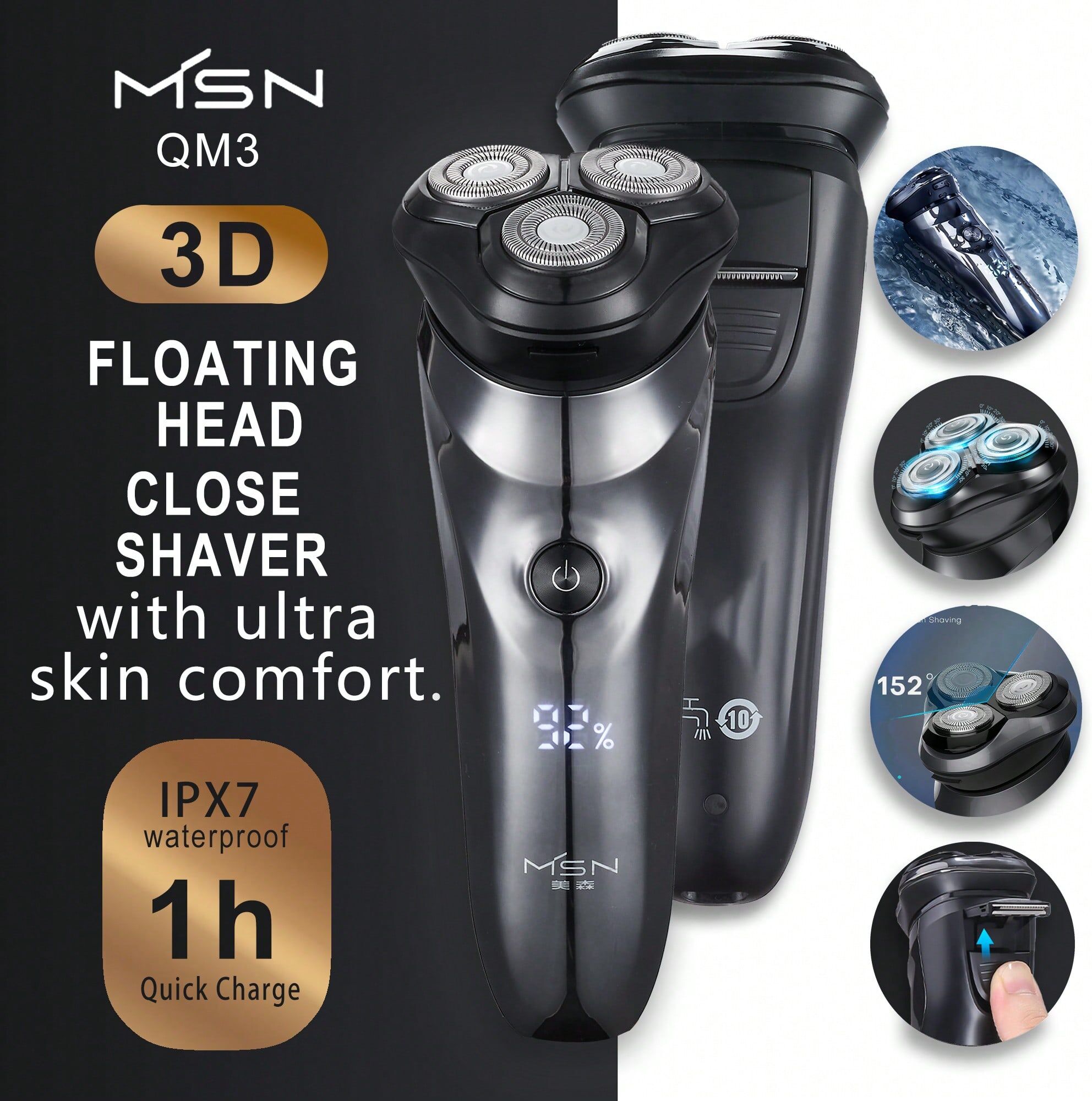 SHEIN Electric Shaver For Men, 100% Washable Rechargeable Waterproof Electric Razor Wet & Dry Shaving With Pop-Up Trimmer, 1 Hour Fast Charging, 3D Floating Head, LCD Power Indicator Black one-size