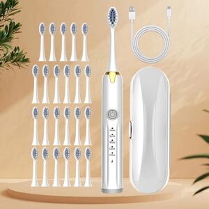 SHEIN Adult Rechargeable Electric Toothbrush Model - B1 With White Travel Case, 24 Replaceable Soft Brush Heads For Men And Women, Ipx7 Waterproof Level, One Key Start Intelligent Teeth Cleaning, Full Mouth Coverage & Care Toothbrush White one-size