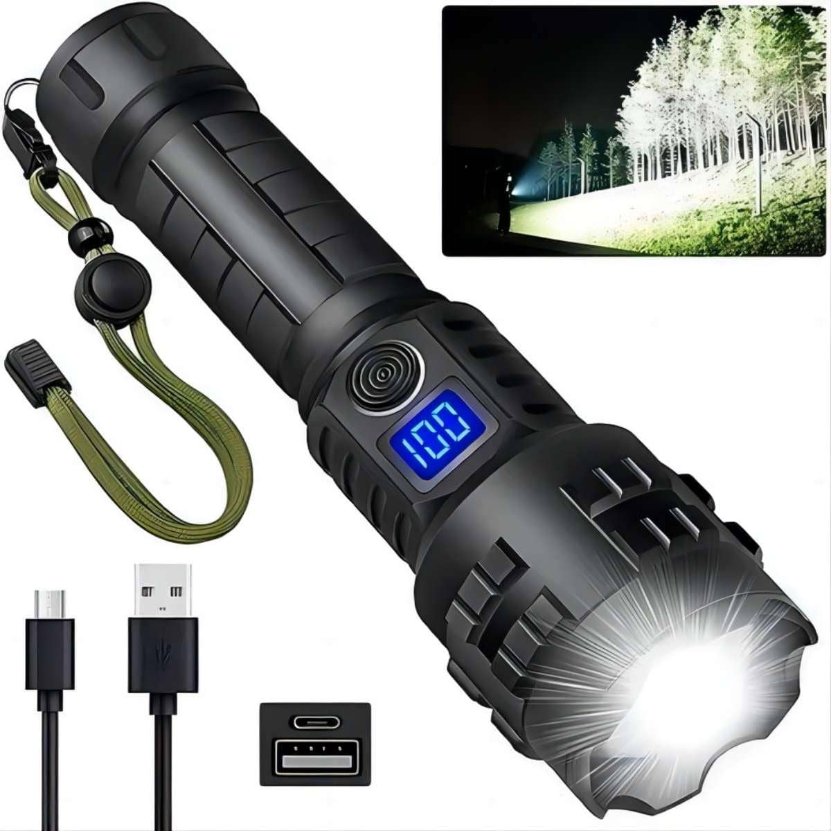 SHEIN 1pc Rechargeable High Lumens Flashlight, Super Bright 100000 Lumen Xhp70.2 Led High Power Brightest Flashlight, Handheld Emergency Flashlights For Camping Hiking Black