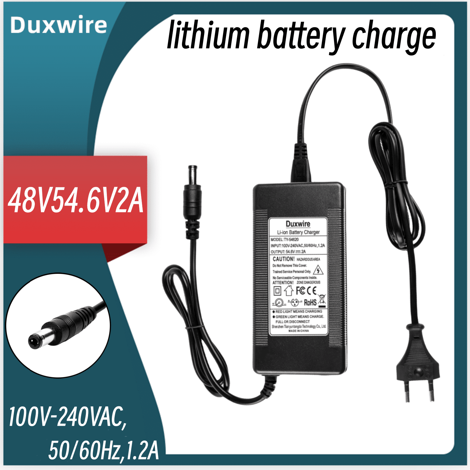 SHEIN Duxwire 54.6v2a Lithium Battery Charger With Eu Plug, Constant Voltage And Current Compatible With 48v Lithium Battery Pack For Household Appliances Parts Charger, Golf Cart, Electric Tricycle, Wheelchair, Electric Tool, Electric Motorcycle Parts, L