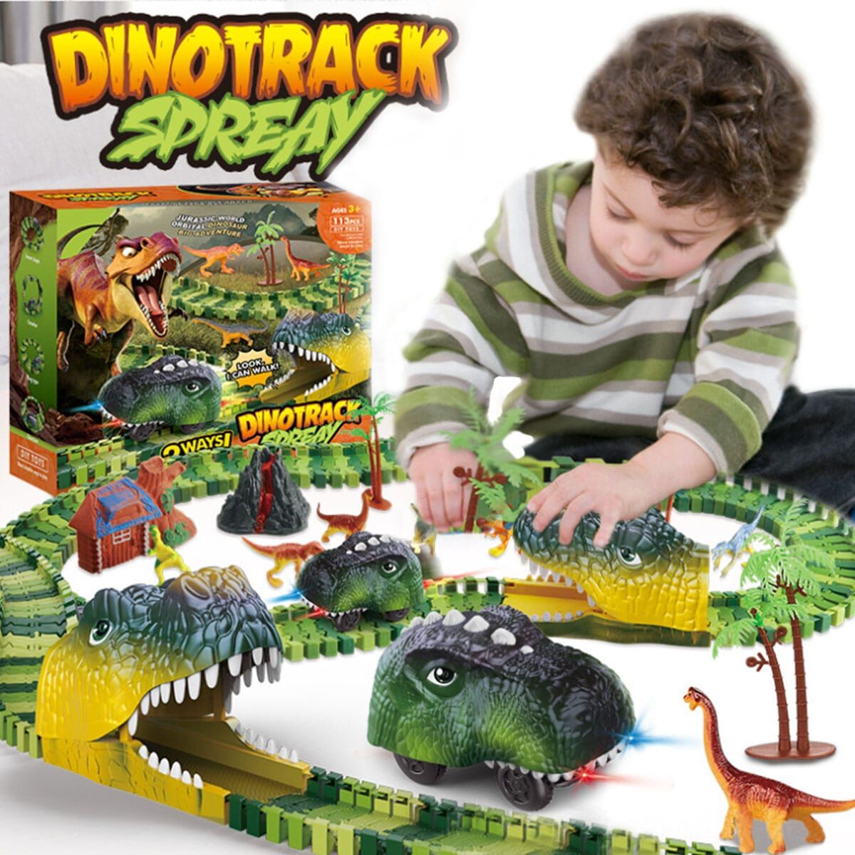 SHEIN 113 PCS Dinosaur Toys Race Track, Flexible Train Tracks with 8 Dinosaurs Figures, 1 Electric Race Cars Vehicle Playset with Lights to Create A Dinosaur World 3-6 Year & Up Old Boys Girls Kids Gift Green one-size
