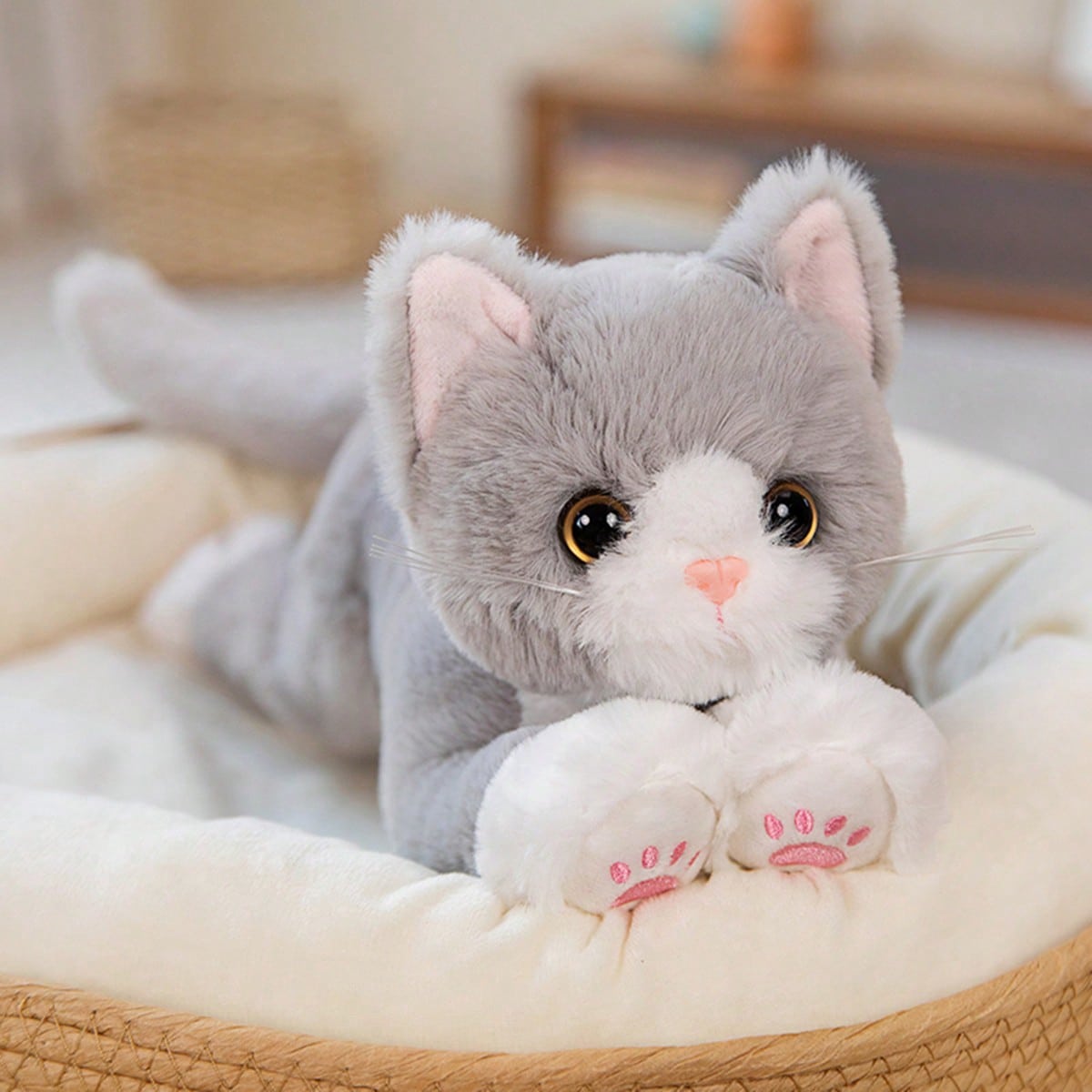 SHEIN 45cm Cute Simulated Cat Doll Plush Toy Stuffed Soft Kawaii Animal Stuffed White Gray Black Kitten Pillow For Lover Birthday Gift Pet Toy Grey 45cm