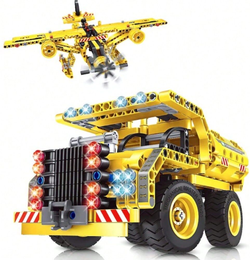 SHEIN VATOS 2-In-1 STEM Building Toy Set Airplane And Dump Truck 361 Creative Bricks, Construction Kit, Best Gift For Boys And Girls 6-10+ Years Old - Engineering Blocks For Endless Fun Yellow