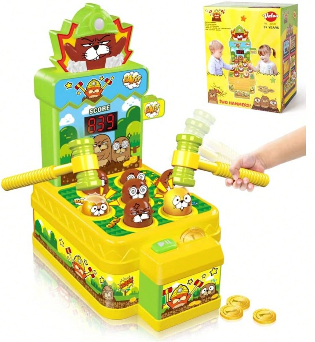 SHEIN VATOS Whack Game Mole Mini Electronic Arcade Game With 2 Hammers Pounding Toys For 3 4 5 6 7 8 Years Old Boys Girls, Whack Game Mole Toy, Developmental Toy Interactive Toy Yellow