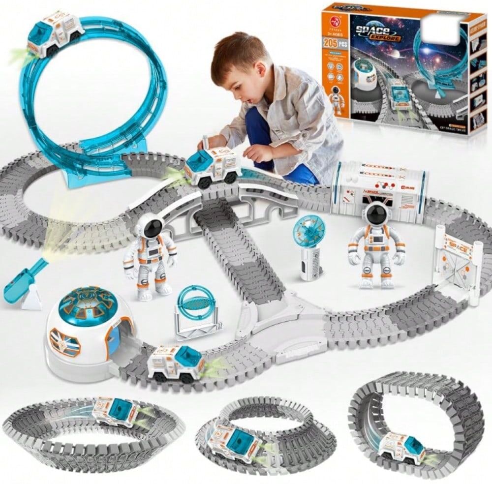 SHEIN VATOS Space Race Tracks Toys For Boys & Girls 3+, 205 PCS DIY Train Construction Sets With 1 Star Projector, 1 Toy Car & 2 Astronaut Minifigures Track Car Set Birthday Gift For Kids 3 4 5 6 7 Year Old Multicolor