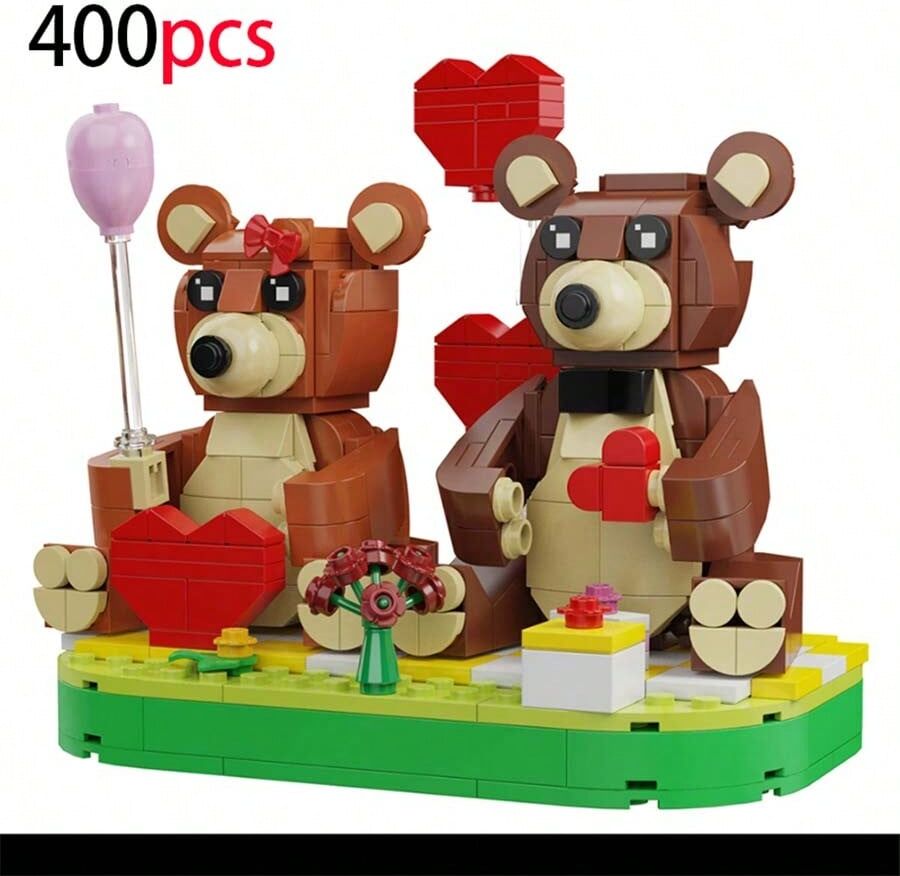 SHEIN 400pcs Lovely Bear Couple Building Blocks Toy Model Gift For Valentine's Day, Anniversary, Festival Decoration Purple one-size