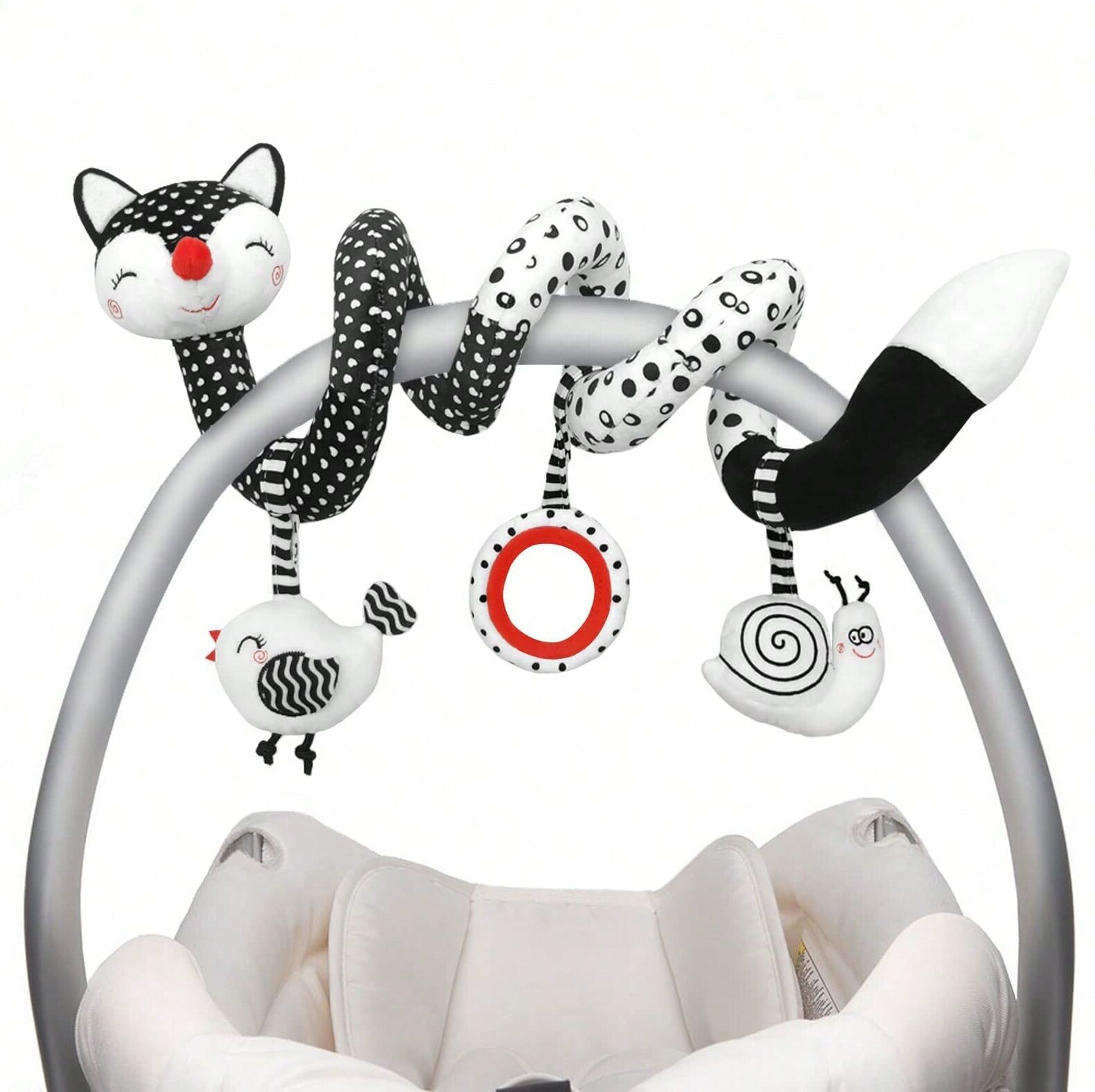 SHEIN Baby Spiral Plush Toys, Black White Stroller Toy Stretch & Spiral Activity Toy Car Seat Toys, Hanging Rattle Toys For Crib Mobile, Newborn Sensory Toy Best Gift For 0 3 6 9 12 Months Baby-Fox Black and White one-size