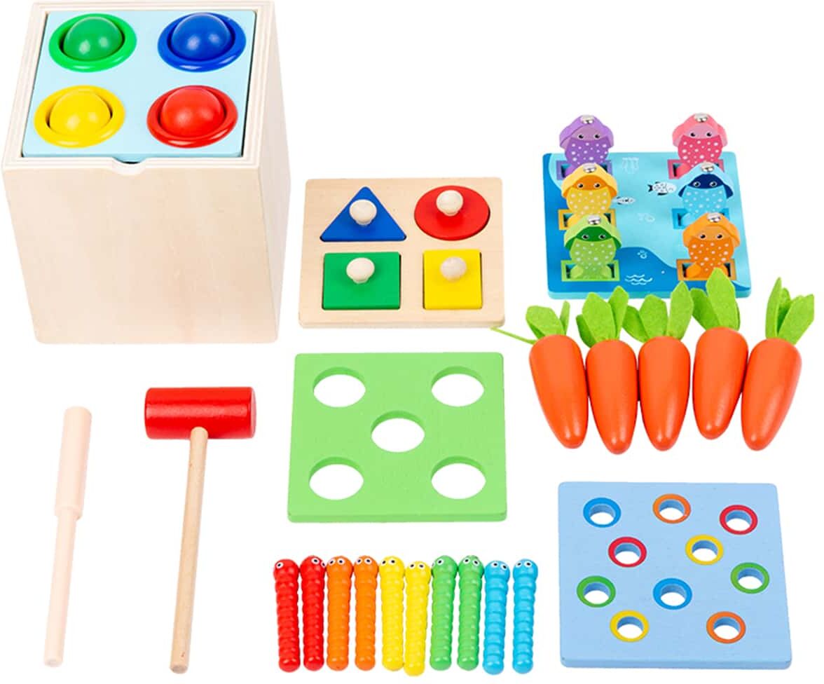 SHEIN 5-In-1 Wooden Play Kit Montessori Toy - Object Permanence Box, Coin Box, Carrot Harvest, Catch Worm, Shape Sorter - Toddler Learning Toy For Kid Age 1, 2, 3 Year Old, Girl Boy Gift For Baby 6-12 Month Multicolor one-size