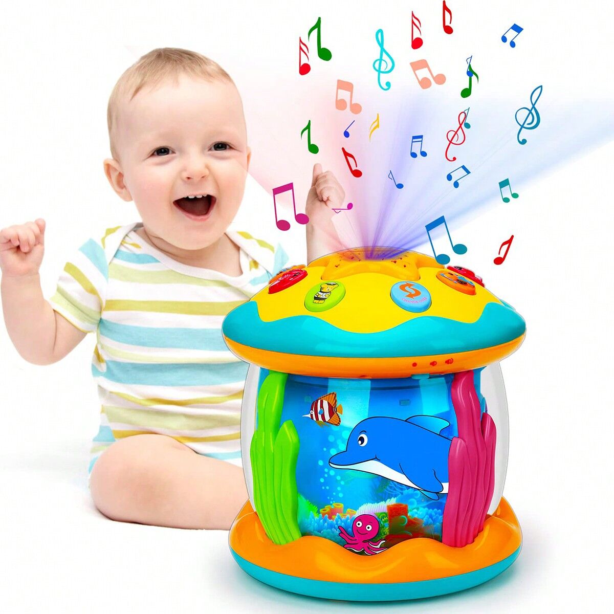 SHEIN Baby Toy 4-in-1 Music Projection Ocean Rotating Time Crawling Light Toy, Suitable For 0-3, 3-6, 6-12 Months Baby Gift (color Random) Multicolor one-size