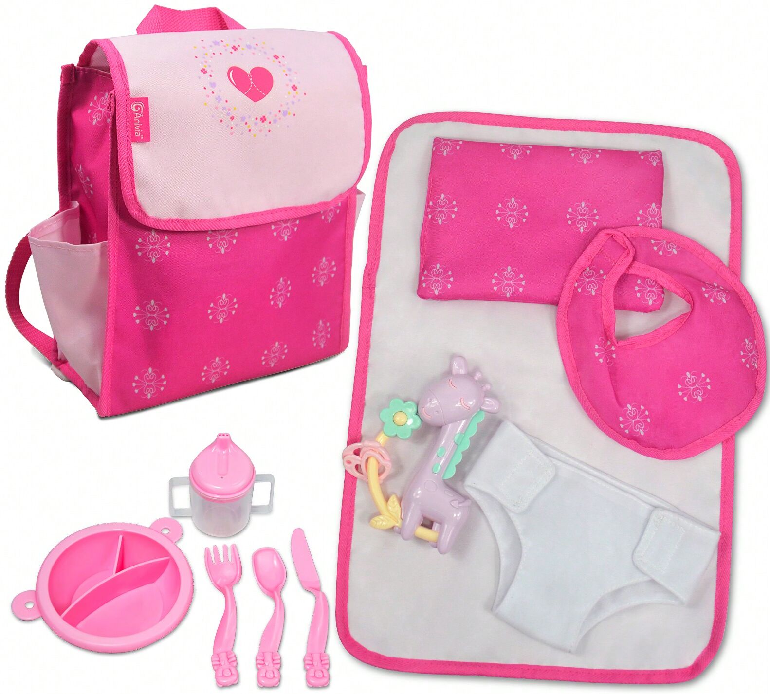 SHEIN ANIVIA Baby Doll Accessories Set Girl Doll Sleeping Bag With Baby 11 Pcs 18 InchDoll Feeding Set Pretend Play Supplies Makes The Best Imaginative Toy Gift ForToddlers/Girls Pink one-size