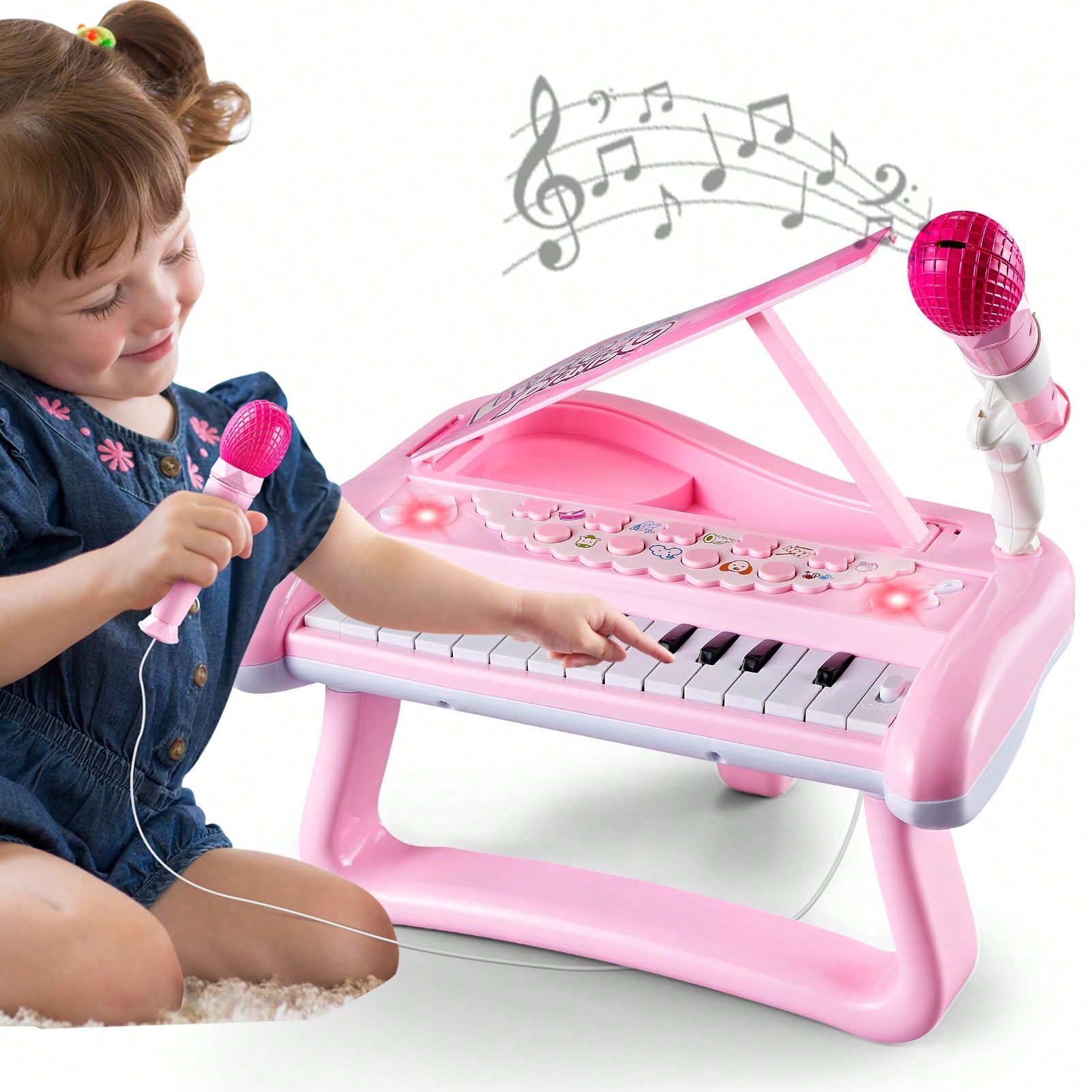 SHEIN First Birthday Toddler Piano Toys For 1 Year Old Girls, Baby Musical Keyboard 22 Keys Kids Age 1 2 3 Play Instrument With Microphone Pink Pink