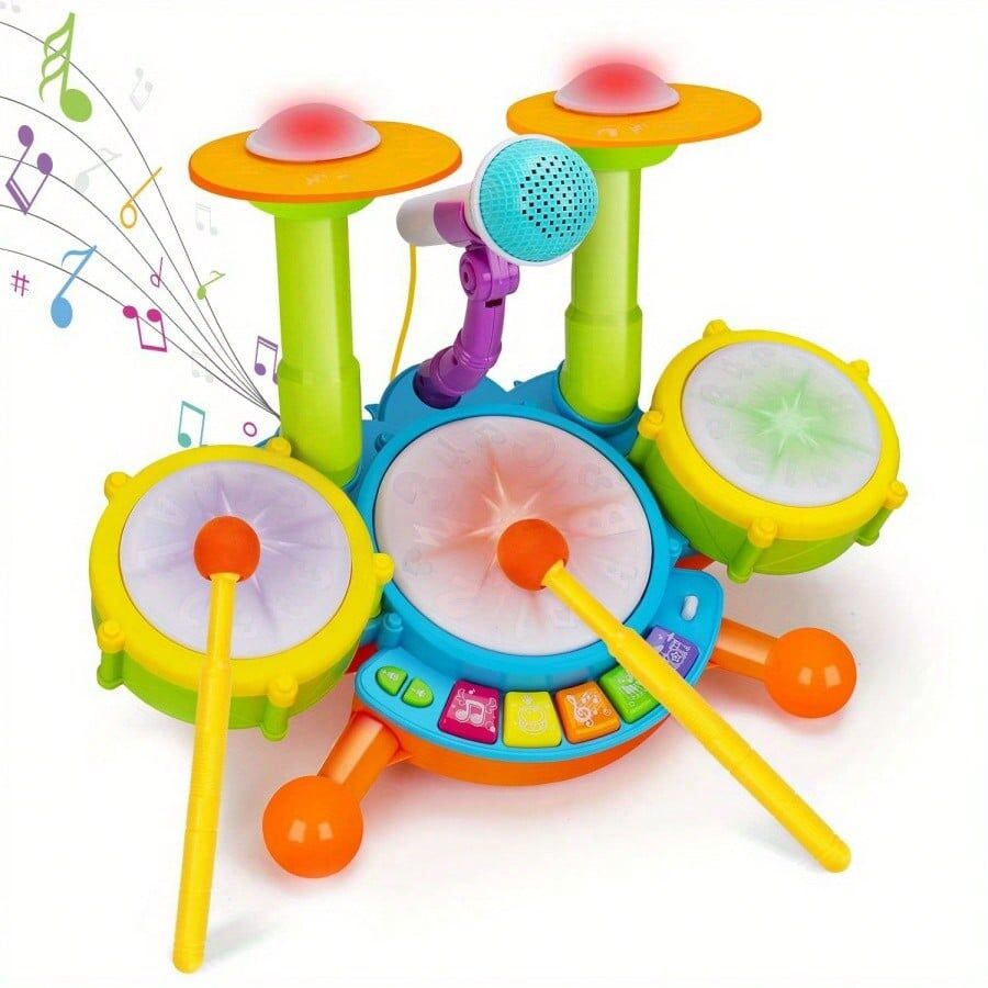 SHEIN Kids Drum Set Musical Toys With 2 Drum Sticks Microphone Instruments Piano Light Up Toys Boy Girl Gifts,Learning Developmental Toys Green one-size