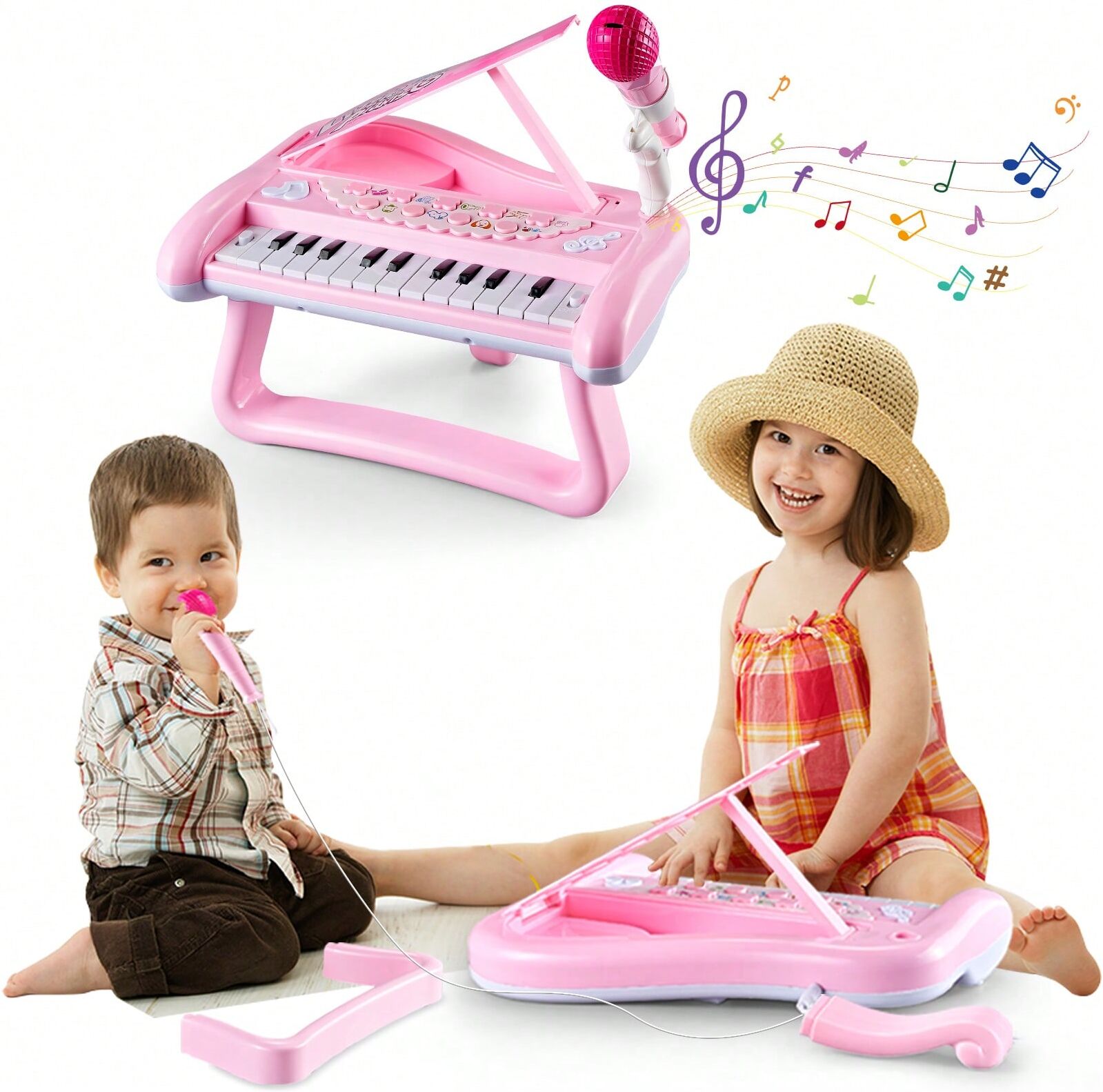 SHEIN First Birthday Baby Piano Toy For 18 Months Old Girls, Kids Musical Keyboard 22 Keys, Play Instruments With Microphone, Ideal Gifts For Boy And Girls Infant Pink one-size