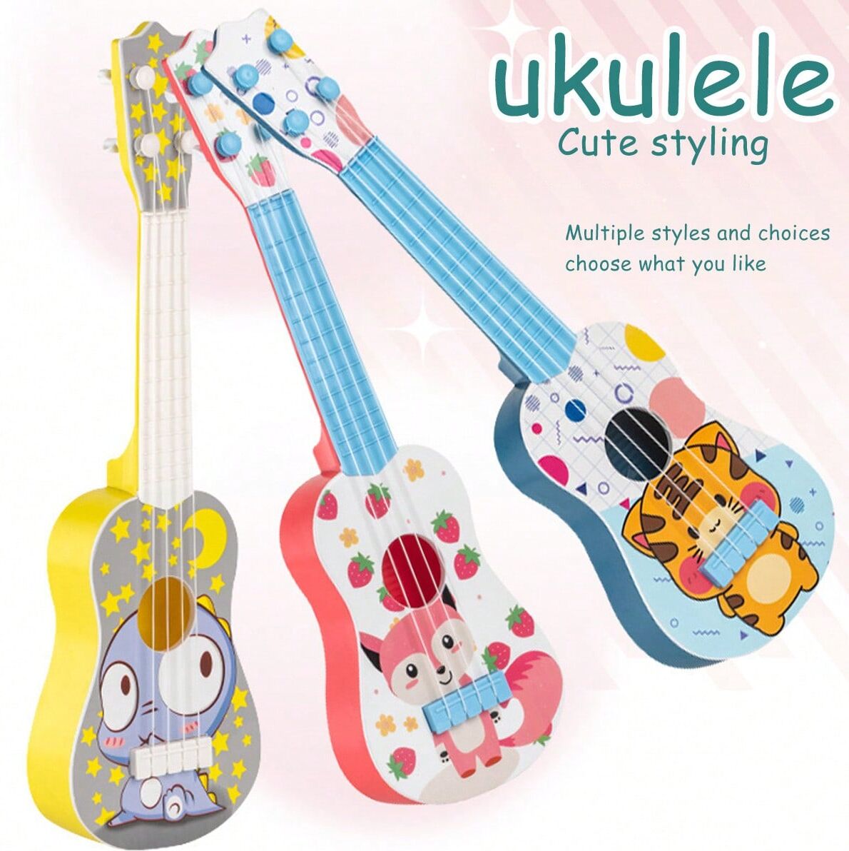 SHEIN 1pc Ukulele (Random Color & Style) For Kids, Musical Instrument Beginner Guitar Toy, Cartoon Design, With 1pc Music Score And 1pc Pick, Gift For Children Multicolor one-size