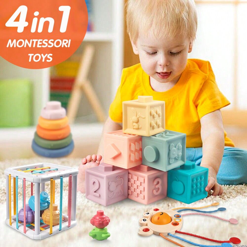 SHEIN 4 In 1 Montessori Baby Toys For 6-18 Months - Pull String Teether, Stacking Blocks, Sensory Shapes & Colorful Storage Bin, Infant Bath Time Fun, Toddlers Toy Gifts For 1 2 3 Year Old Boys Girls Multicolor one-size