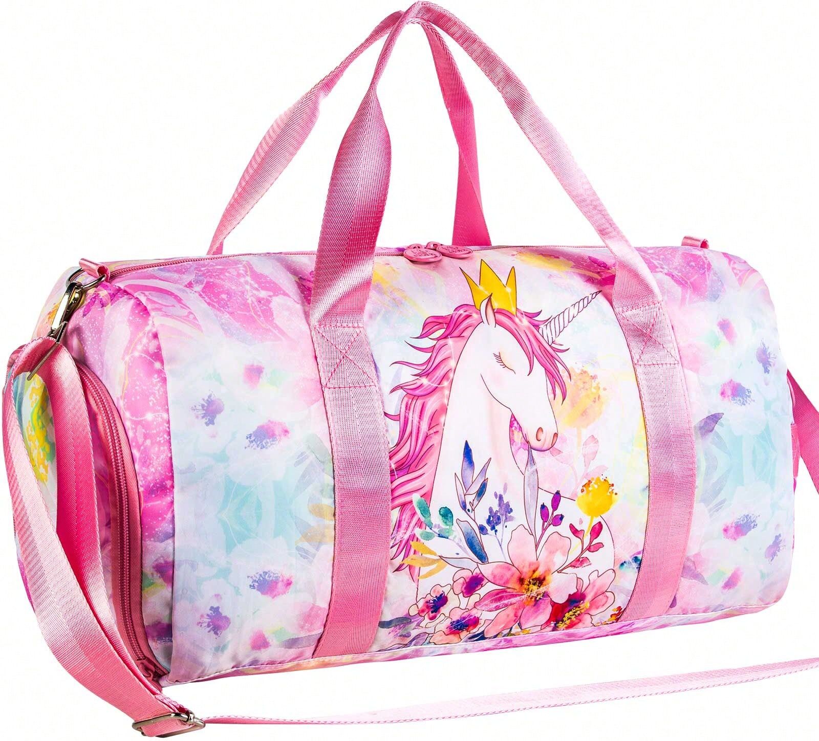 SHEIN 1pc Unicorn Printed Dual-zipper Opening Kid's Luggage Bag For Dancing, Ballet, Gym, Travel With Shoe Compartment, Suitable For Youth Weekend Overnight Carry Bag Pink one-size