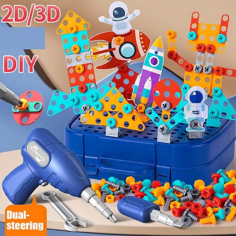 SHEIN 230pcs/228pcs Simulated Children Tool Toys Set 3D DIY Puzzle Toys Pretend Play Electric Drill Screw Nuts 2D/3D Creative Astronaut Tool Set Toys Building Bricks DIY Toys Electric Drill Set Educational Toys Gifts For Boys Girls Tool Kit Sets Children 