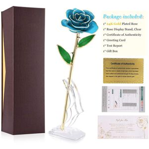 Long Stem Dipped 24k Gold Rose In Gift Box With Stand (Light Blue Rose With Bs Long Stem Dipped 24k Gold Rose In Gift Box With Stand (Light Blue Rose With Bs